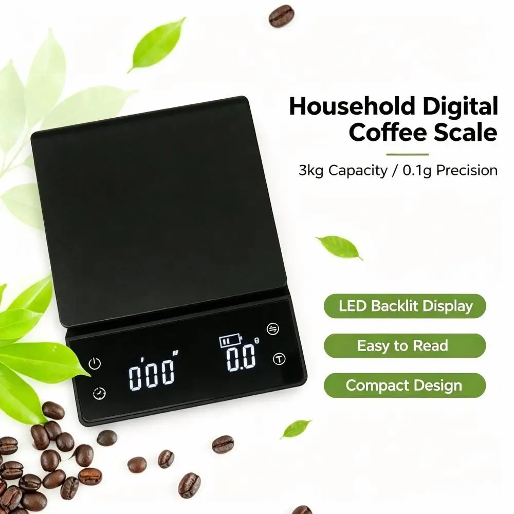 LED Display Coffee Scale, 3000g‑0.1g High‑Accuracy Digital Kitchen Scale, Multifunctional Electronic Weigh Scale for Home Bakery