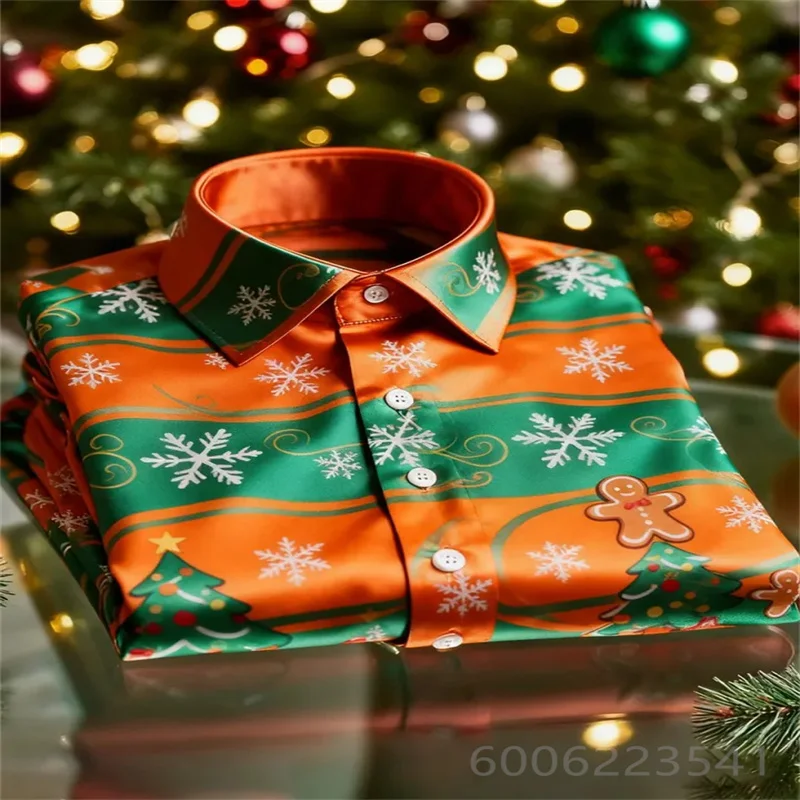 Fashion Men Xmas Button Up Shirt Color Block Striped Gingerbread Man Snowflake Pattern Long Sleeve Shirt Christmas Banquet Male