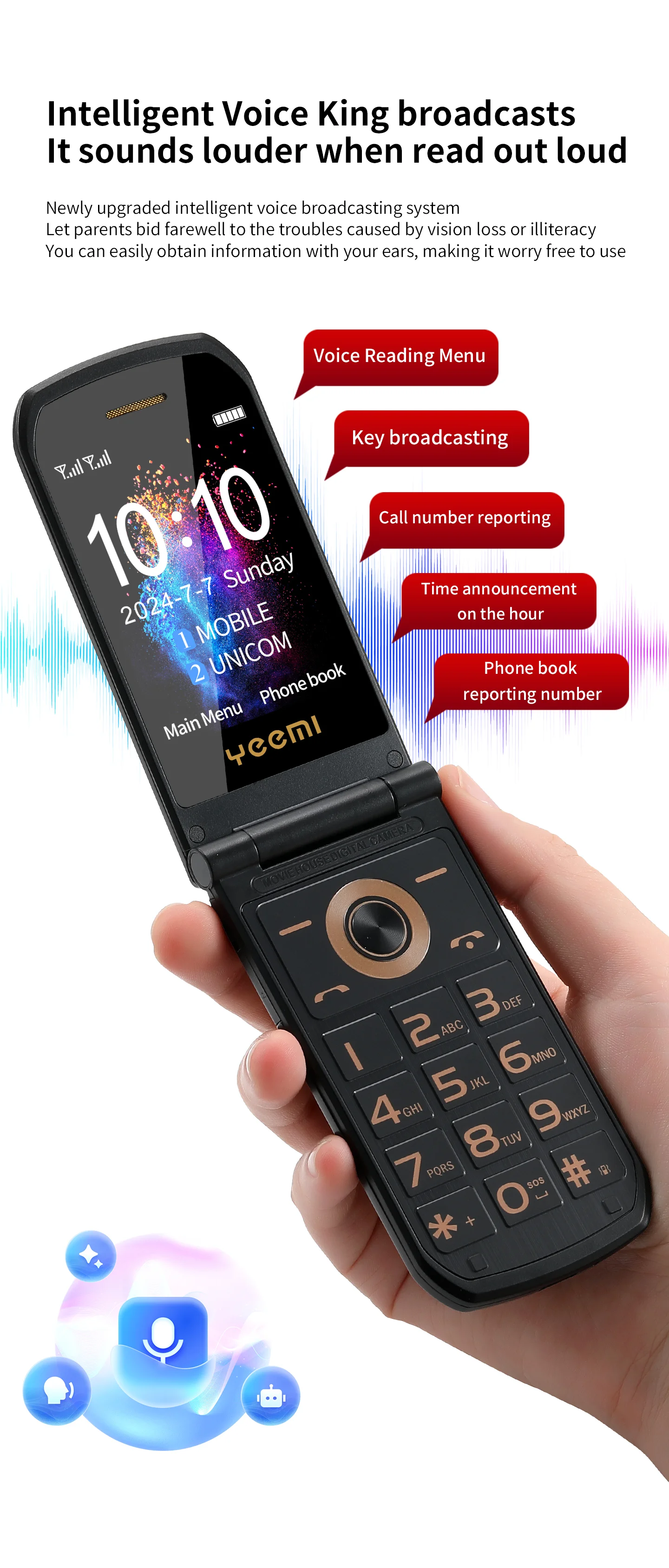 YeeMI S7A GSM 2G Mobile Phones 2.4'' Flip Feature Phone Dual SIM Bluetooth Large Font for Elderly Phone
