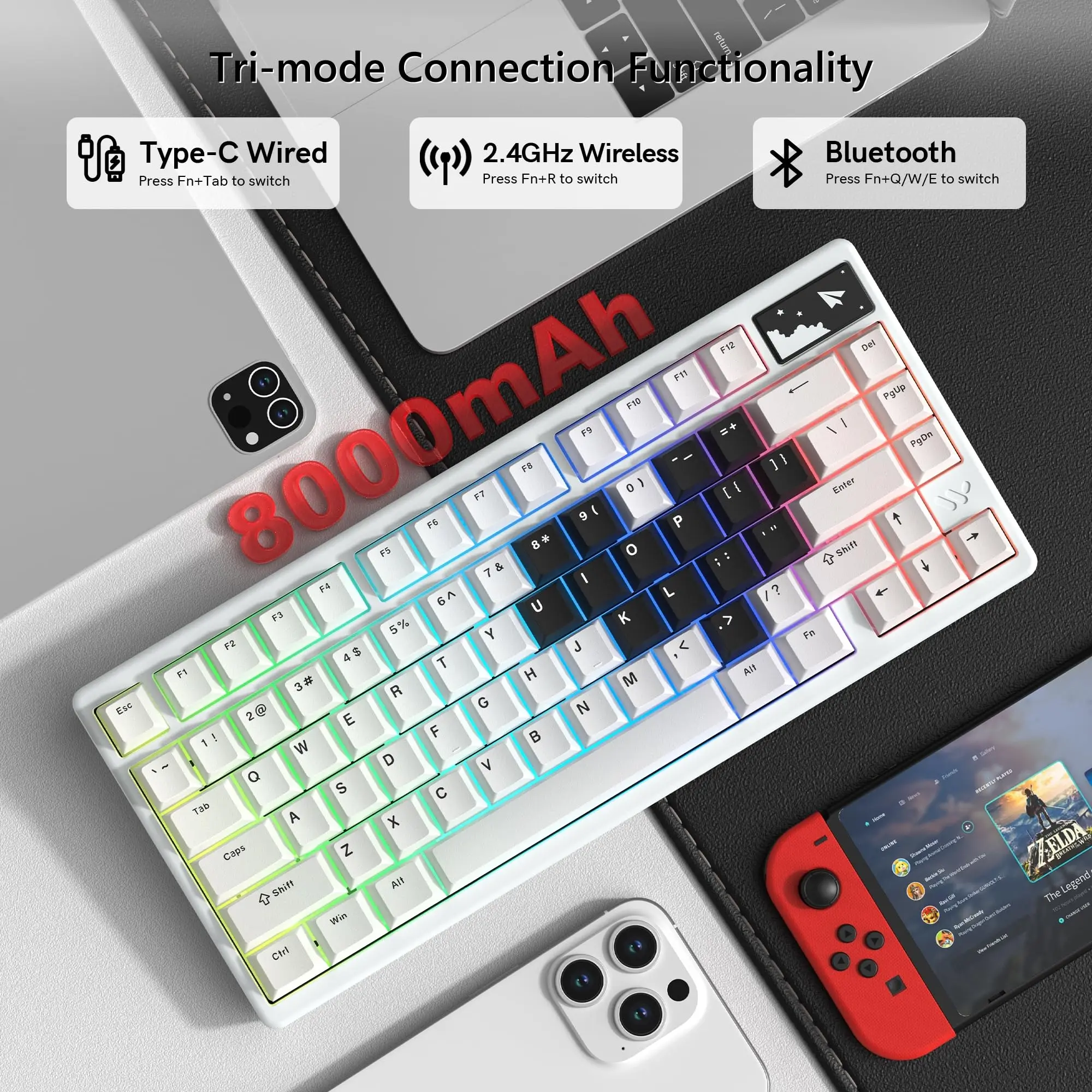 Womier SK71PRO الأبيض QMK/VIA 75% لوحة مفاتيح الألعاب اللاسلكية باستخدام الحاسب الآلي الألومنيوم ثلاثي الوضع لوحة المفاتيح الميكانيكية الساخن مبادلة RGB الخلفية لوحة المفاتيح