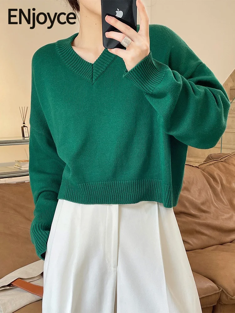 

2024 Spring Women Korean Fashion V-neck Cashmere Cropped Sweater High Waist Open Navel Knitted Pullovers Loose Fit Knitwear