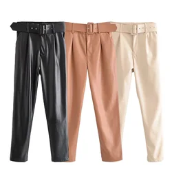 UNIZERA2023 Winter New Women's Casual Versatile High Waist Slimming Matching Belt with Imitation Leather Solid Color Pants