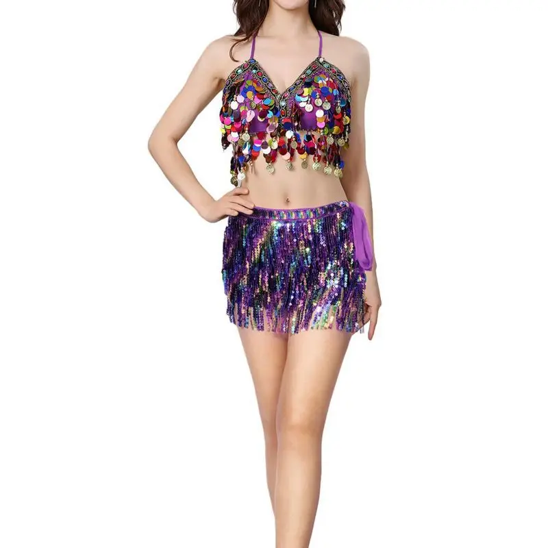

Women Belly Dance Costume Shiny Sequins Tassels Carnival Rave Performance Halter Bra Tops with Hip Scarf Wrap Skirt Set