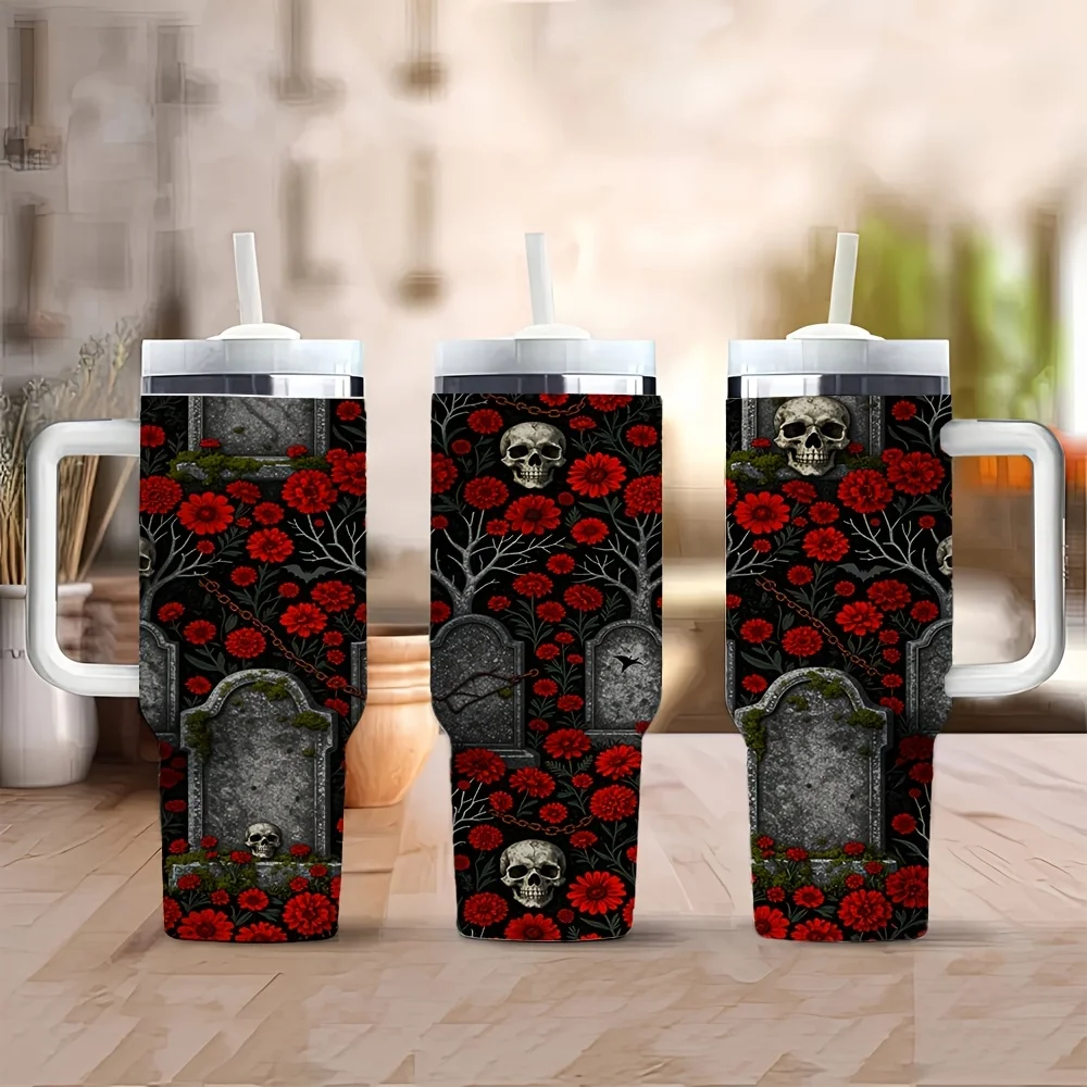 Halloween And Christmas 40Oz Insulated Tumbler with Handle And Straw, Gothic Skull Red Rose Tombstone Print Stainless Steel Travel Cup for Home Office Camping Car Daily Drinking