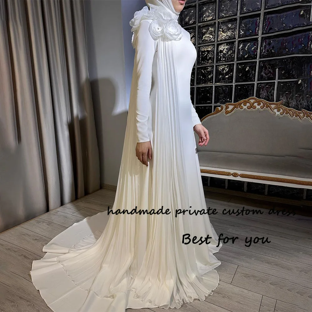 

Ivory Satin Mermaid Evening Dresses Long Sleeve High Neck Arabian Muslim Formal Prom Dress 3D Flowers Womens Evening Party Gowns