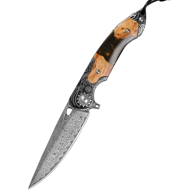 high-quality Damascus steel folding knife with a resin maple wood handle and sheath essential everyday tool for outdoor camping.