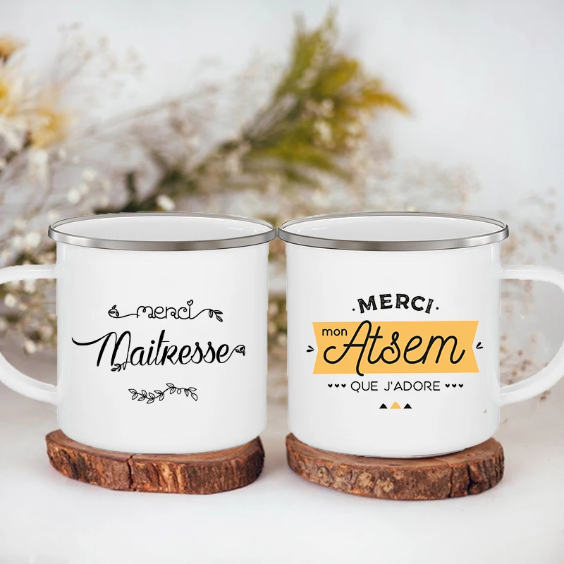 Merci Maîtresse/Atsem Print Enamel Mug Creative Cups Drinks Water Milk Cup Mug School Home Handle Drinkware Teacher Gifts