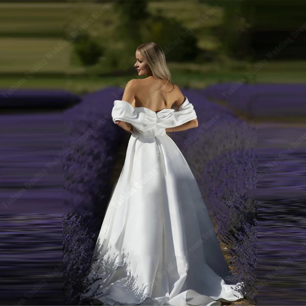 فساتين زفاف أنيقة بدون أكتاف بدون أكمام للنساء مثيرة على شكل حرف a من الساتان زي العرائس طول تنظيف الكرة Vestidos De Novias 2025