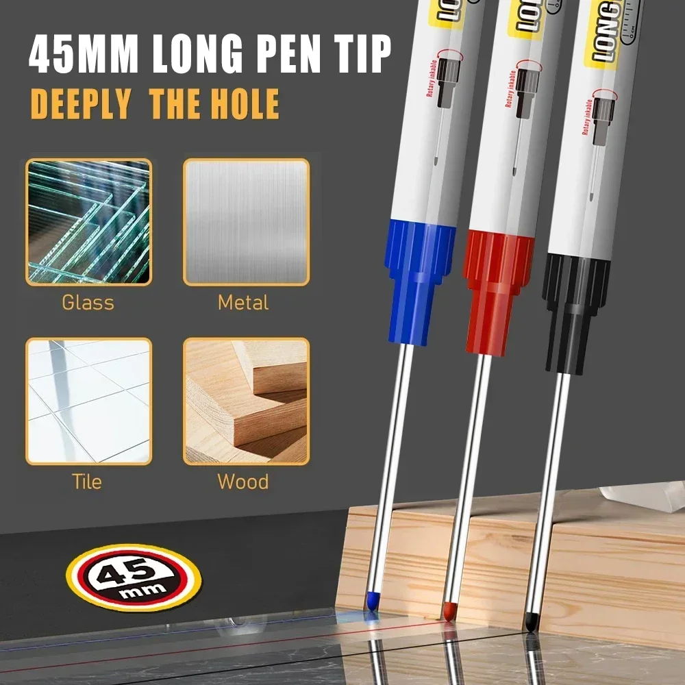 4/10 Pc 45mm Waterproof Deep Hole Long Head Nib Markers Black/Blue/Red/Green Ink for Carpenter Pen Multi-Purpose Woodwork Tools