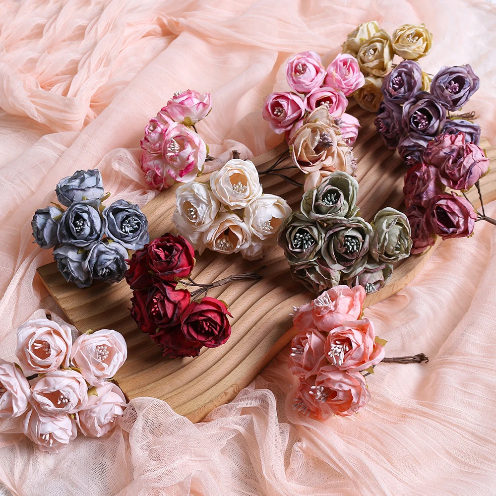 

6Pcs/Bundle Artificial Flowers Bouquet Burned Edge Rose Fake Flowers for Home Decor Wedding Decoration DIY Wreath Accessories