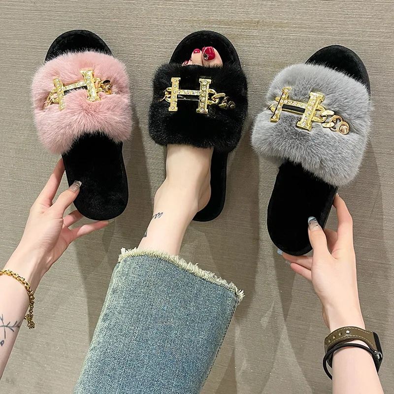 

Женские зимние тапочки с цепочкой — плюшевая нескользящая домашняя обувь