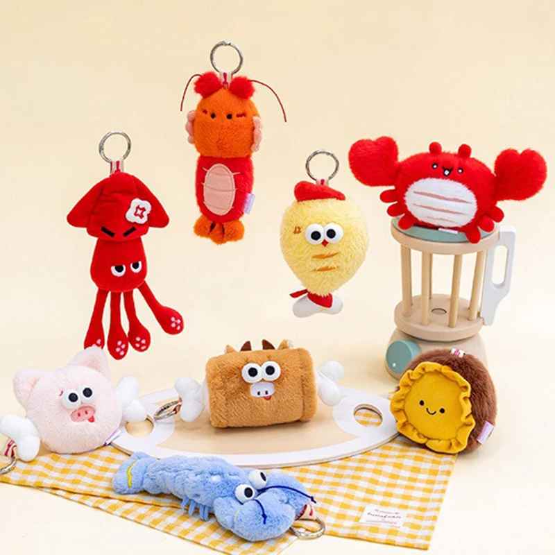 NUEVA OFERTA: Set completo de peluches de la serie Mariscos y Carne: Adorables camarones, cangrejos, abulones, patas de pollo y chuletas de cerdo, colgante para bolso, regalo.
