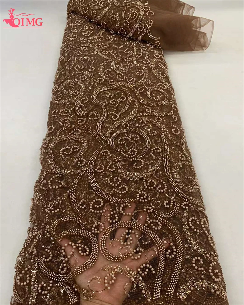 

OIMG Latest African Sequins Lace Fabric 2024 High Quality Lace Embroidery Beaded Fabric 5 Yards For Women Wedding Party Dress