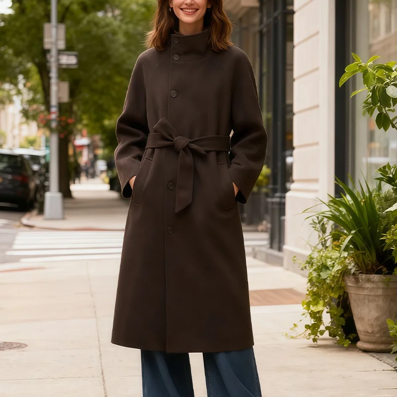 سترة معطف نسائية مع حزام بياقة واقفة وصدر واحد معطف عصري غير رسمي للخريف والشتاء ملابس غير رسمية Trafizaran #3