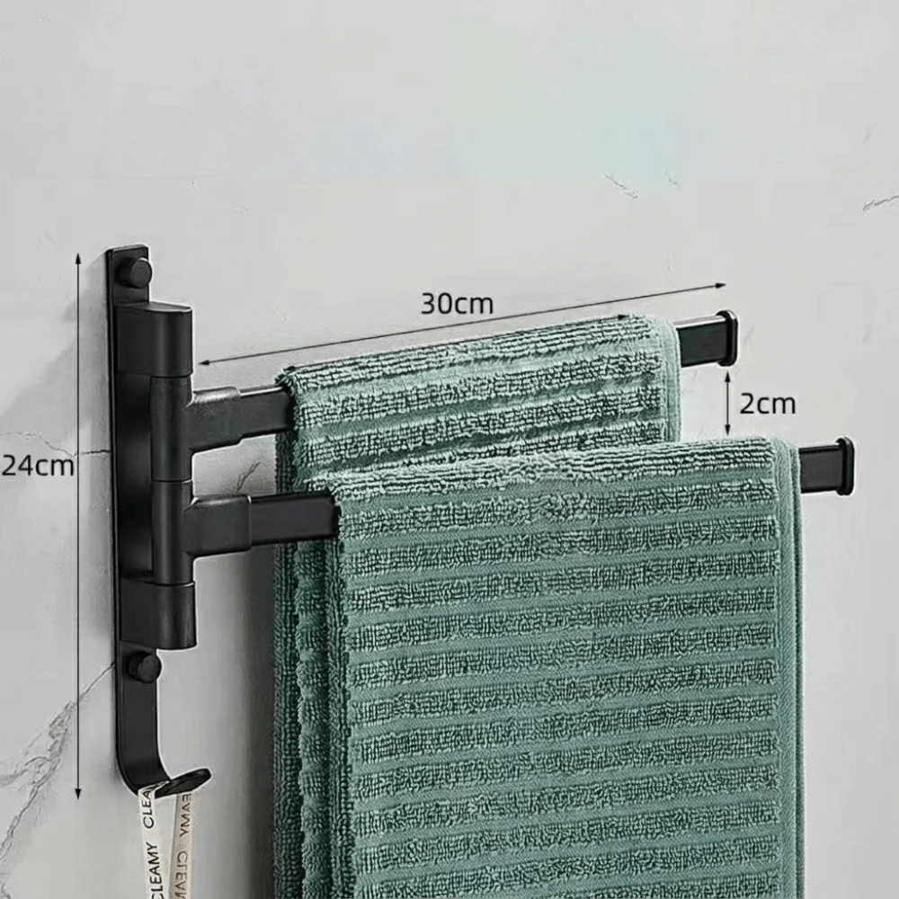 Aluminum Wall Mounted Towel Rack No Drill Installation Swing Arm Rotating Towel Holder Black Foldable Towel Bar Bathroom Storage