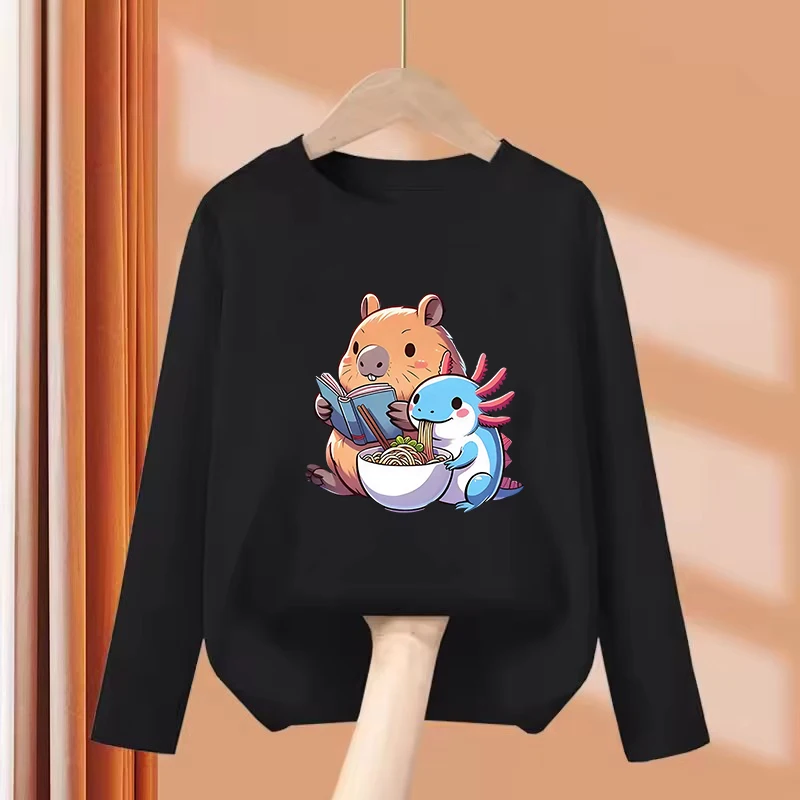 Long Sleeve Kawaii Anime Capybara Funny T Shirts Manga Kids Children's T-shirt Boys Girls Summer Spring Casual Top Tee Shirt