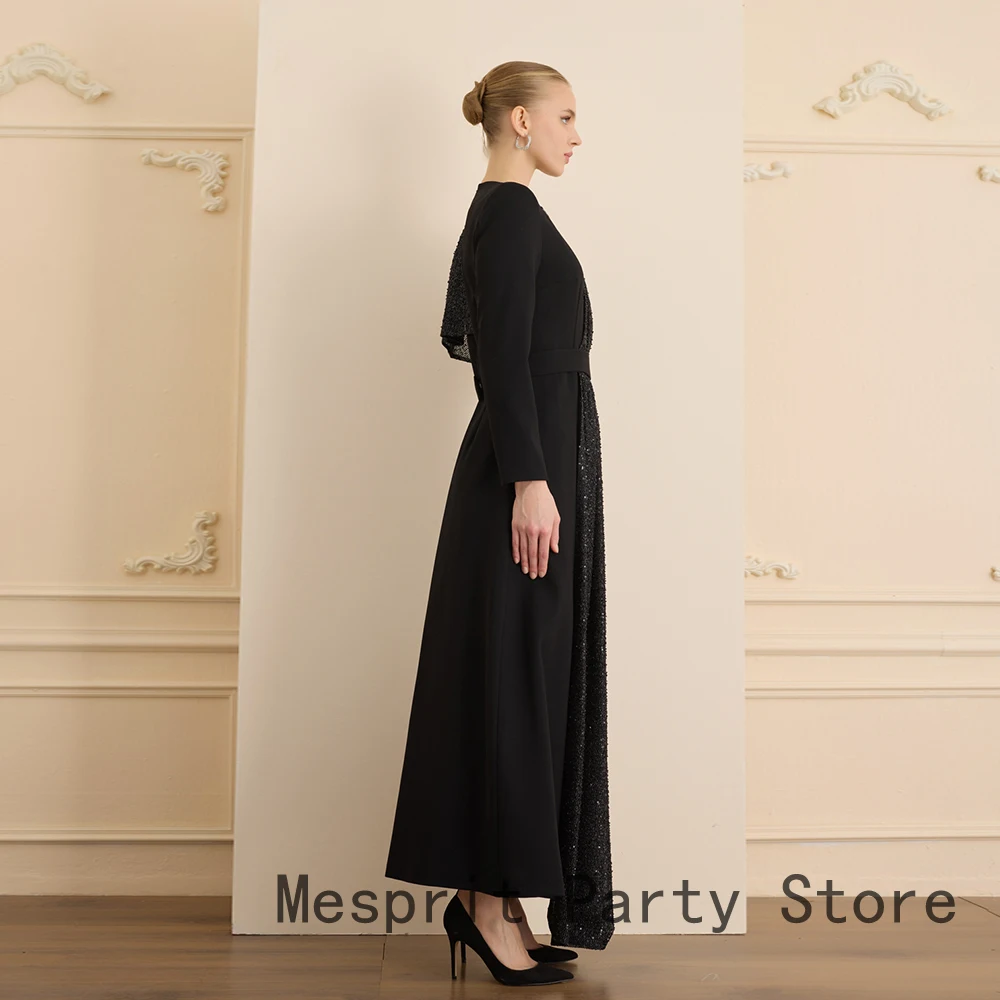 Czarna Sukienka Wieczorowa Do Kostek Sukienka na Bal Studniówkowy Linia A Suknia Wieczorowa Długi Rękaw Dekolt O Koraliki Sukienka Saudyjska Z Cekinami