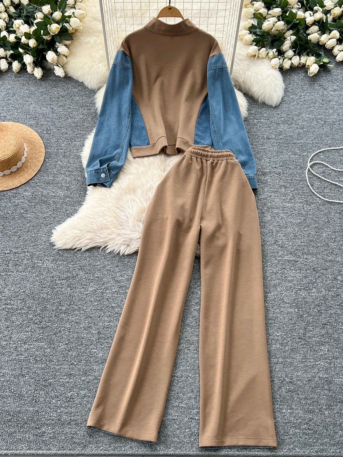Costume décontracté à la mode, épissage contrasté, col montant, fermeture éclair, taille haute, pantalon en Denim à jambes larges, ensembles 2 pièces, tenues pour femmes
