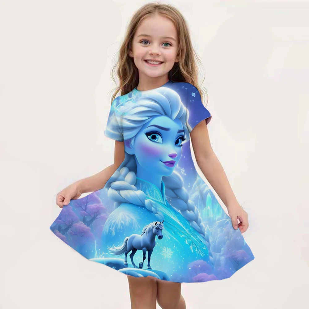 Cartoon Frozen Disneyland Trip Casual Dress for Little Girl Soft Princess Frock Kid Elsa Print Snow Queen A Line Summer Clothing