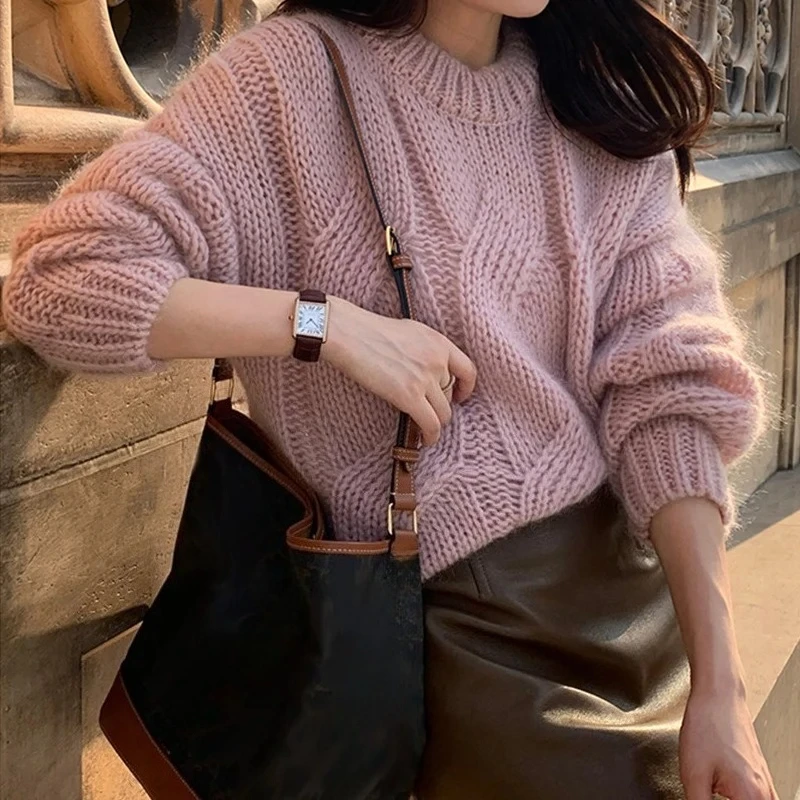 

Coarse Yarn Knitted Sweater for Women Autumn Winter Lazy Style Stretch Twist Pullovers Vintage Solid Color O-Neck Jumpers Mujer