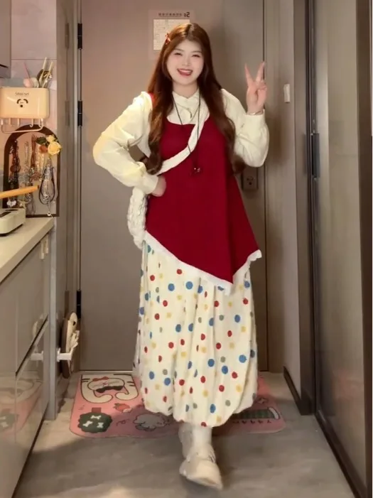 

Модный комплект одежды больших размеров Dopaamine для женщин: осенне-зимний вязаный жилет, облегающая юбка в горошек, комплект из трех предметов