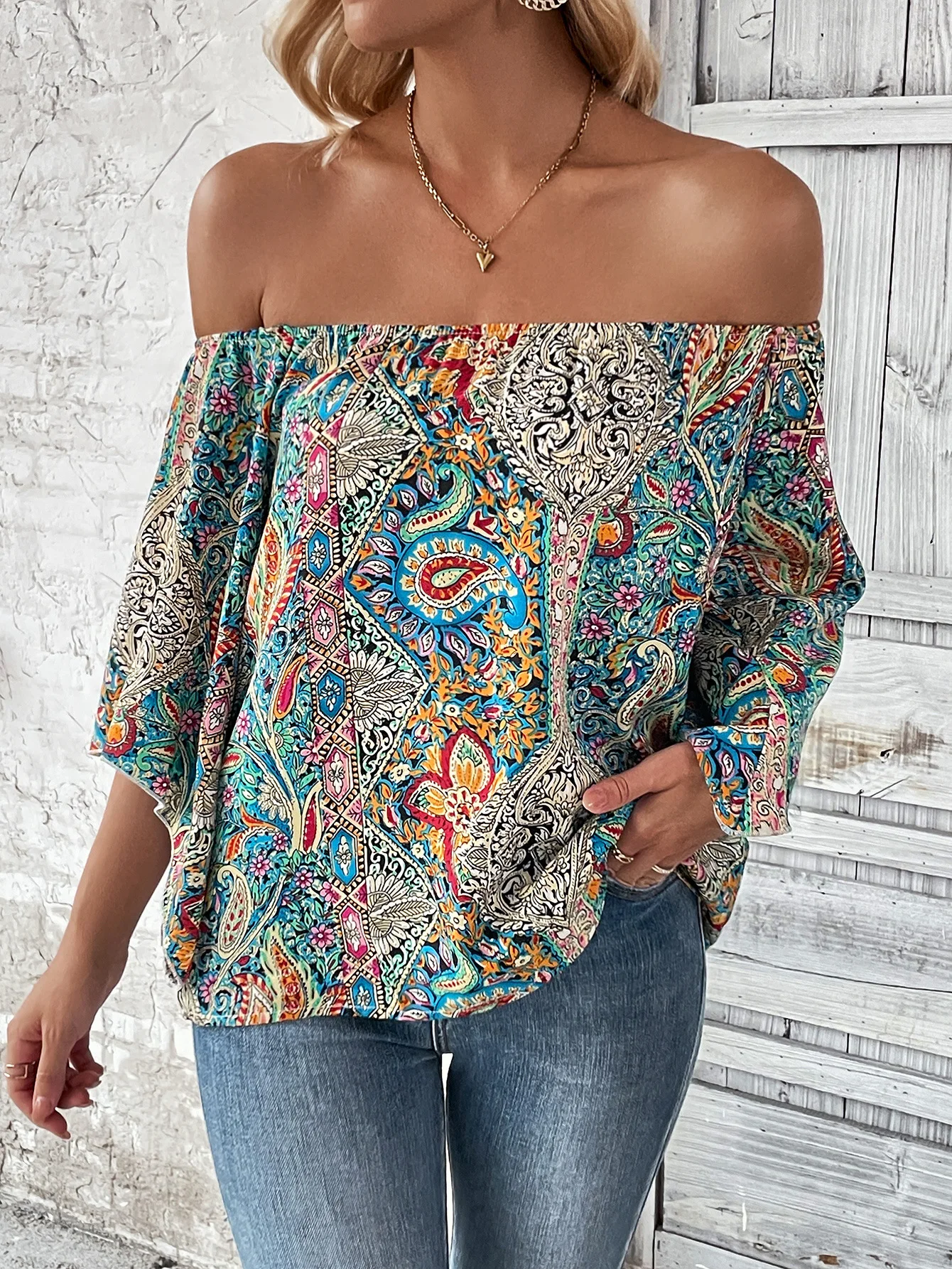 Summer Women's One Line Neck Off Shoulder Retro Ethnic Style Paisley Printed Short sleeved Top Bohemian Style Short sleeved