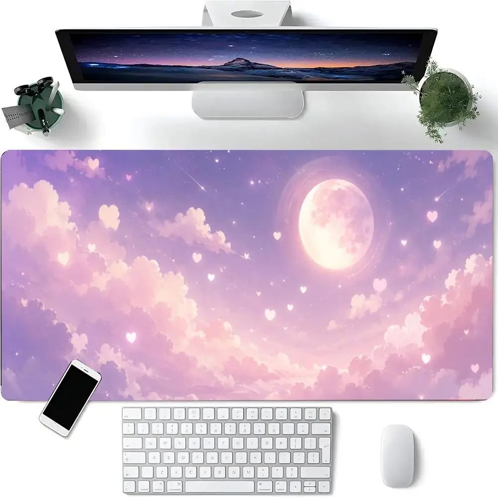 Pastel Purple Pink Full Moon Starry Sky Heart Cloud Shooting Star Aesthetic Gaming Mouse Pad Stitched Anti Slip Desk Mat