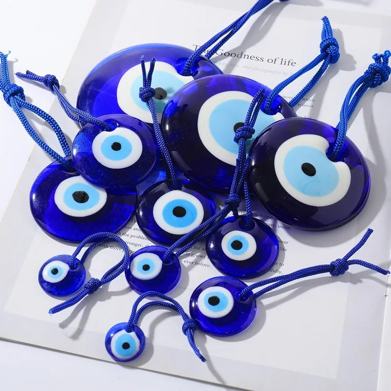 1pc Lucky Eye Glass Blue Turkish Evil Eye Pendant Wall Hanging Decor Rope Chain Simple Decoration for Home Living Room Car Chain
