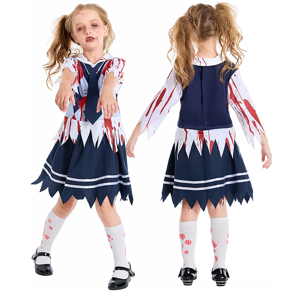 Stroje na Halloween dla dziewczyn, maskarada, przebranie zombie dla dorosłych, sukienka z efektem krwi, strój uczennicy, top i spódnica, zestaw ubrań dla dzieci na występy.