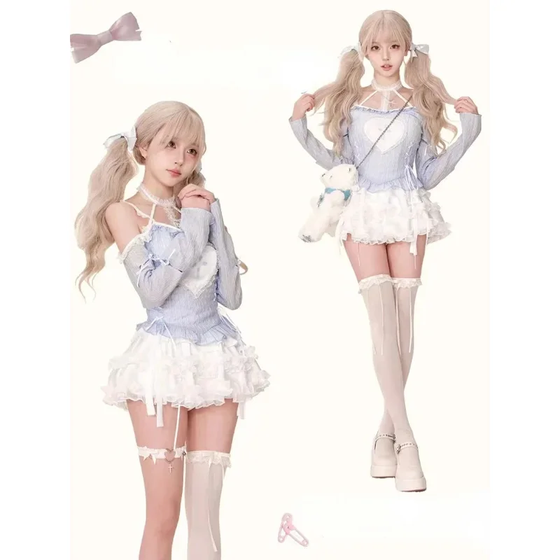 Conjuntos de estilo japonés Lolita para mujer, blusa con estampado Harajuku Kawaii + minifalda informal Y2k con pastel ajustado, chicas calientes de los años 2000 ty'4