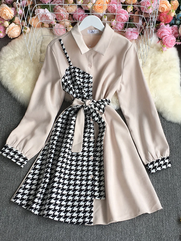 New Women Elegant Shirt Dress Spring Summer Patchwork Houndstooth Vintage Dresses Ladies A Line Bandage Dress Short Robe