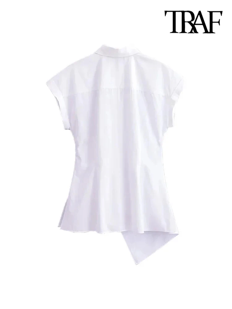 TRAF-Asymmetric Poplin Shirts for Women, Front Knot with Ties, Short Sleeve, Button-up, Female Blouses, Chic Tops, Fashion