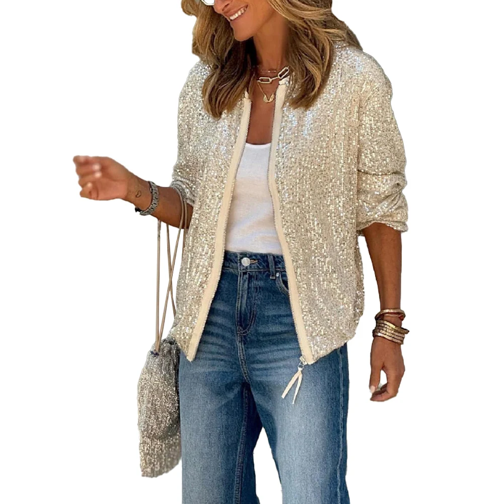 

Women's Sparkling Sequin Fashion Coat Zip Up Shimmer Jacket for Party Outfits Available in Multiple Sizes