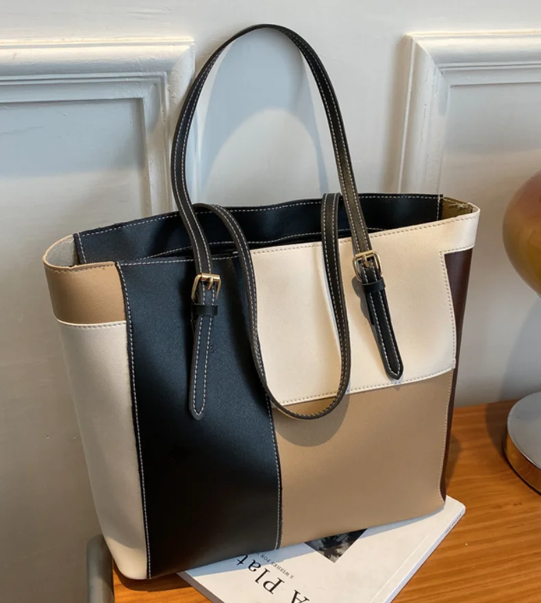 Borsa Tote con cuciture alla moda borsa Casual in pelle PU da donna di grande capacità