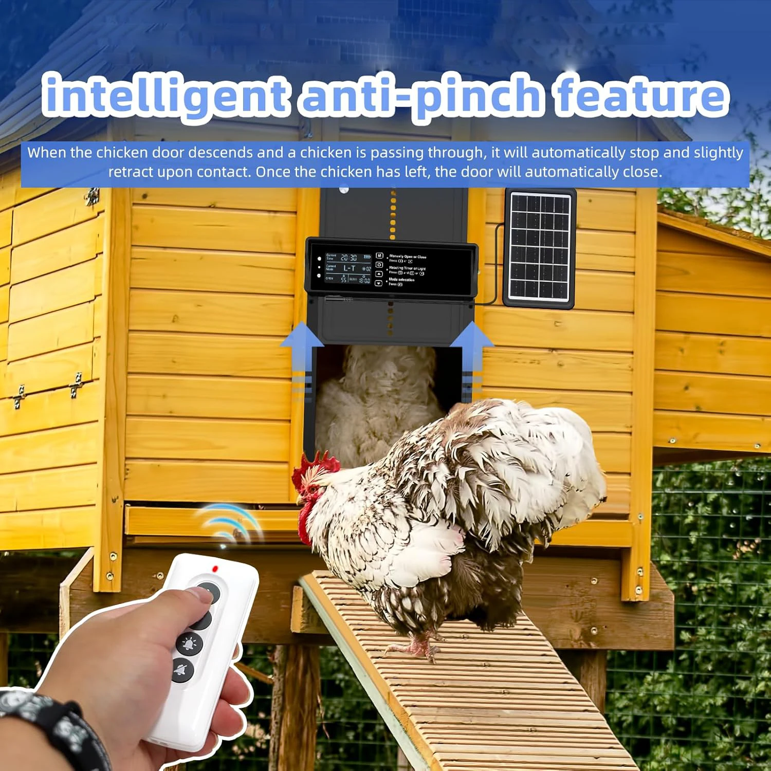 Solar powered automatic chicken cage door, capable of solar or USB charging, with timer and light sensing function