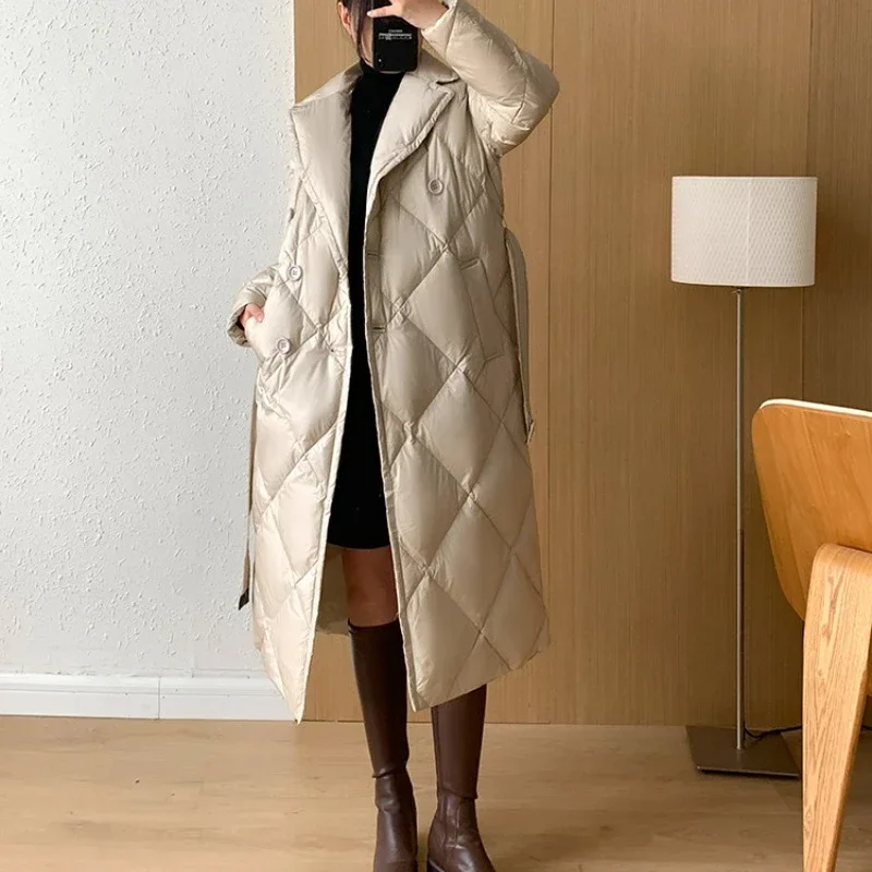 Winter Women Long Double Breasted Coat Turn Down Collar 90% White Duck Down Jacket Rhombic Bathrobe Parkas Windproof Outwear