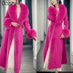 Trench coat feminino de pele de raposa falsa, casaco grosso de lã, temperamento selvagem, moda feminina, outono, inverno, 2023