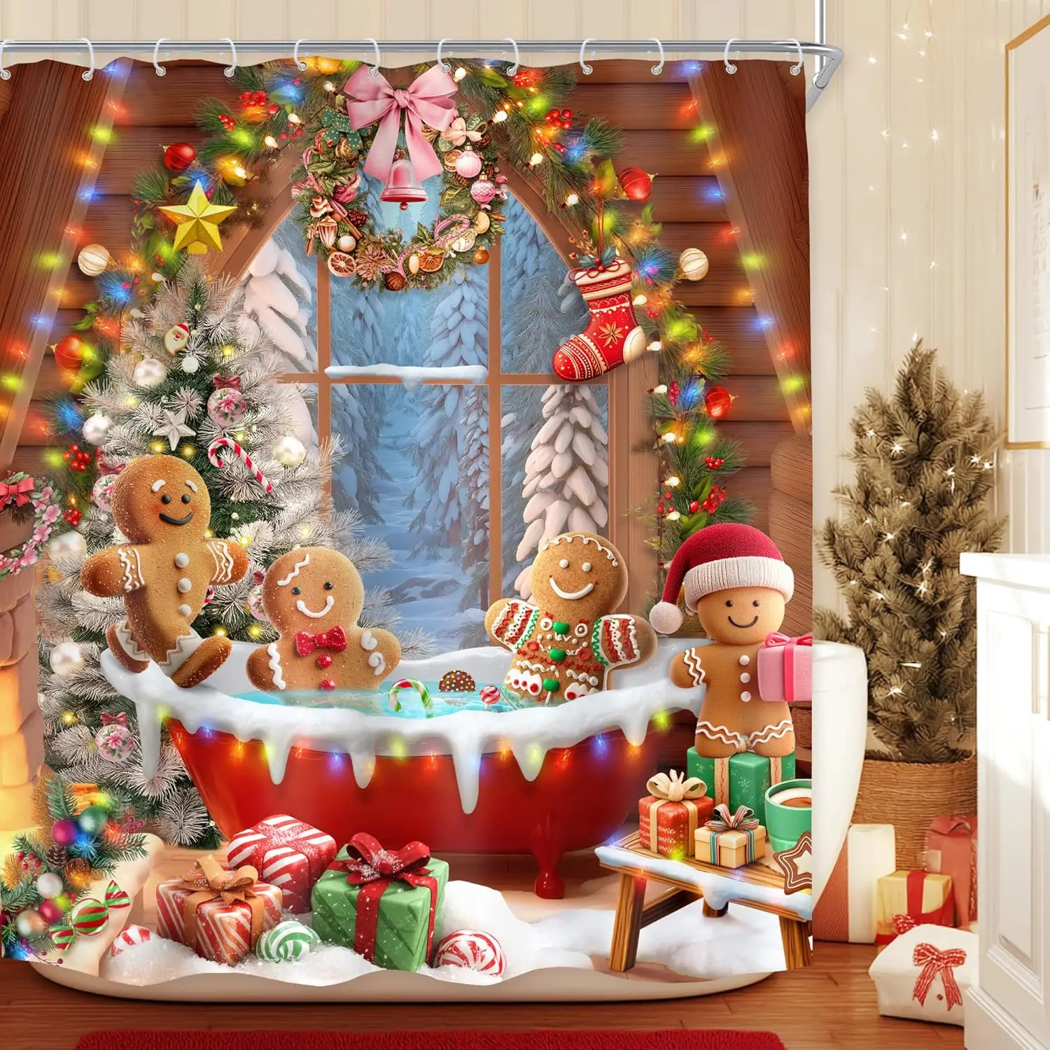 Christmas Shower Curtain for Bathroom Decor Funny Cute Brown Gingerbread Man in Bathtub Winter Xmas Trees Holiday Kids Fabric