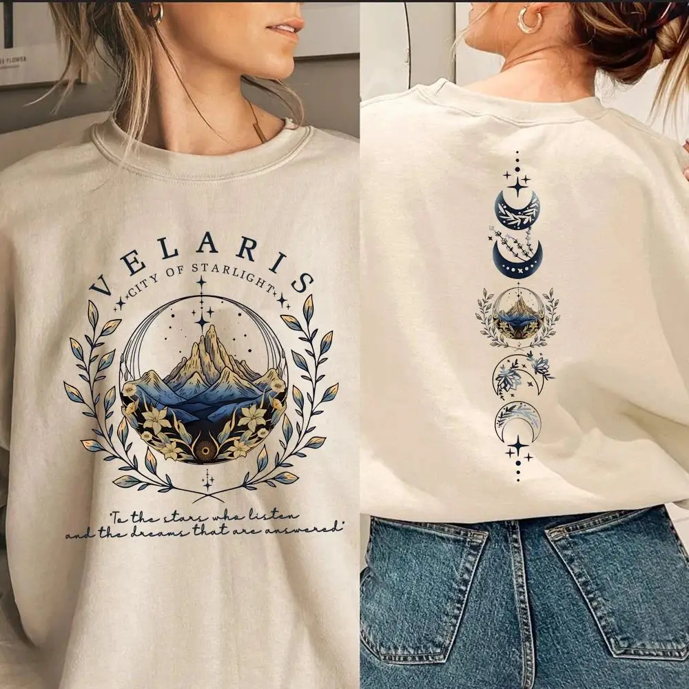 سترة Velaris ACOTAR سترة Velaris City of Starlight الأمامية والخلفية مطبوعة SJM سترة بقلنسوة للمحكمة الليلية Sarah J Mass Crewneck