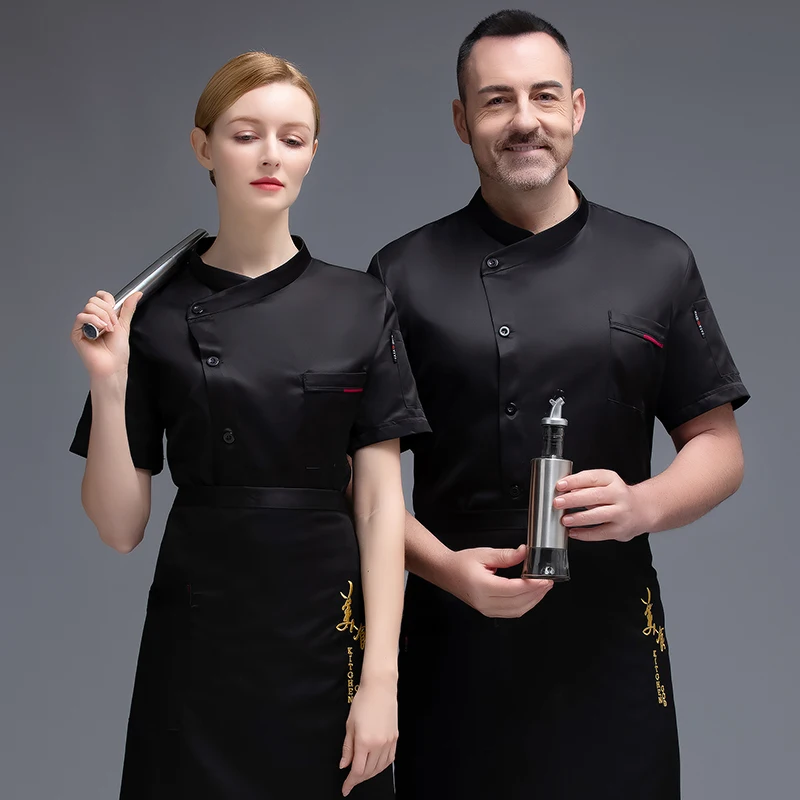 Uniforme Chef de manga curta para homens e mulheres, Roupas de cozinheiro, Jaquetas de restaurante, Uniforme de garçom