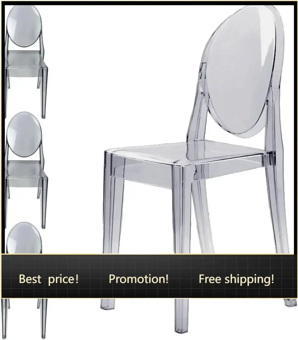 Clear Acrylic Ghost Chairs, Set of 4 Smoke Gray Stacking | Polycarbonate Circle Back Armless Dining Chairs, Kitchen, Dining