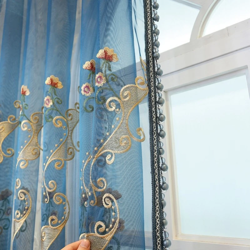 Custom Size Luxury Blue Bright Embroidered Gauze European Style Door Sheer Curtains for Living Dining Room Bedroom Elegant Decor
