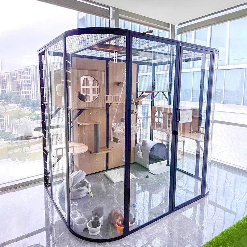 Luxury panoramic glass cat villa, large free space, fully automatic cat litter box cat cage
