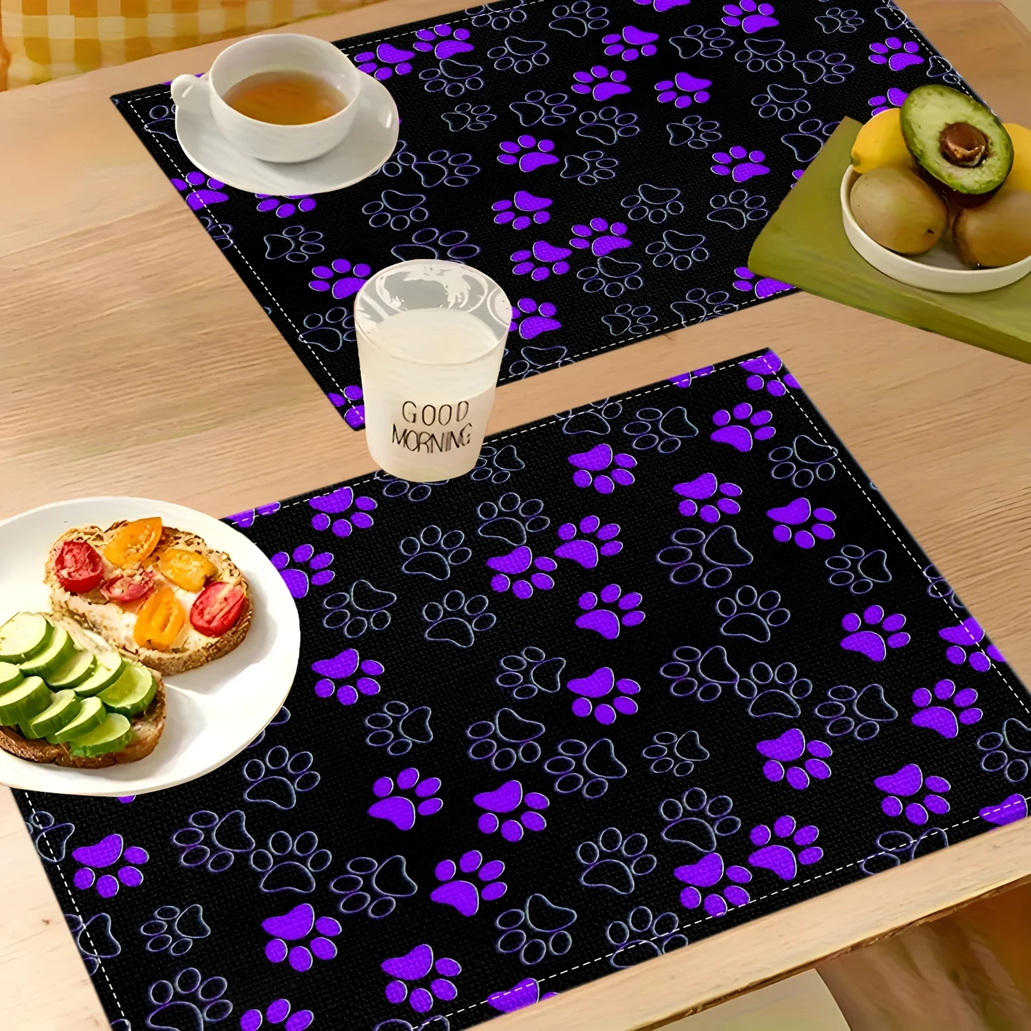 4pc 2D Printed Purple Paw Print Background Themed Square Placemat with Cartoon Print Pattern, Dining Table Placemat
