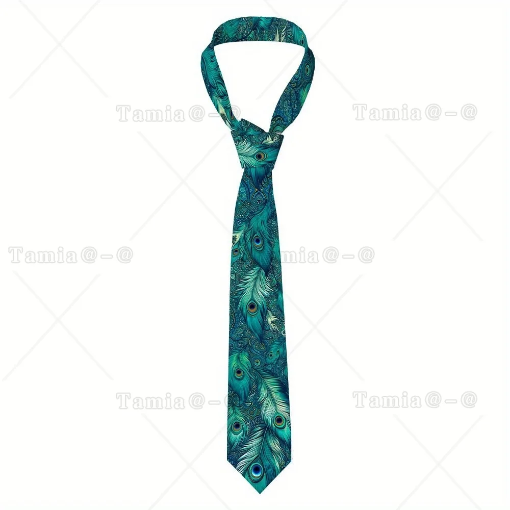 Green Peacock Feather Design on Woven Polyester Retro Casual Collar Tie Graphic Wedding High Quality Necktie Accessories