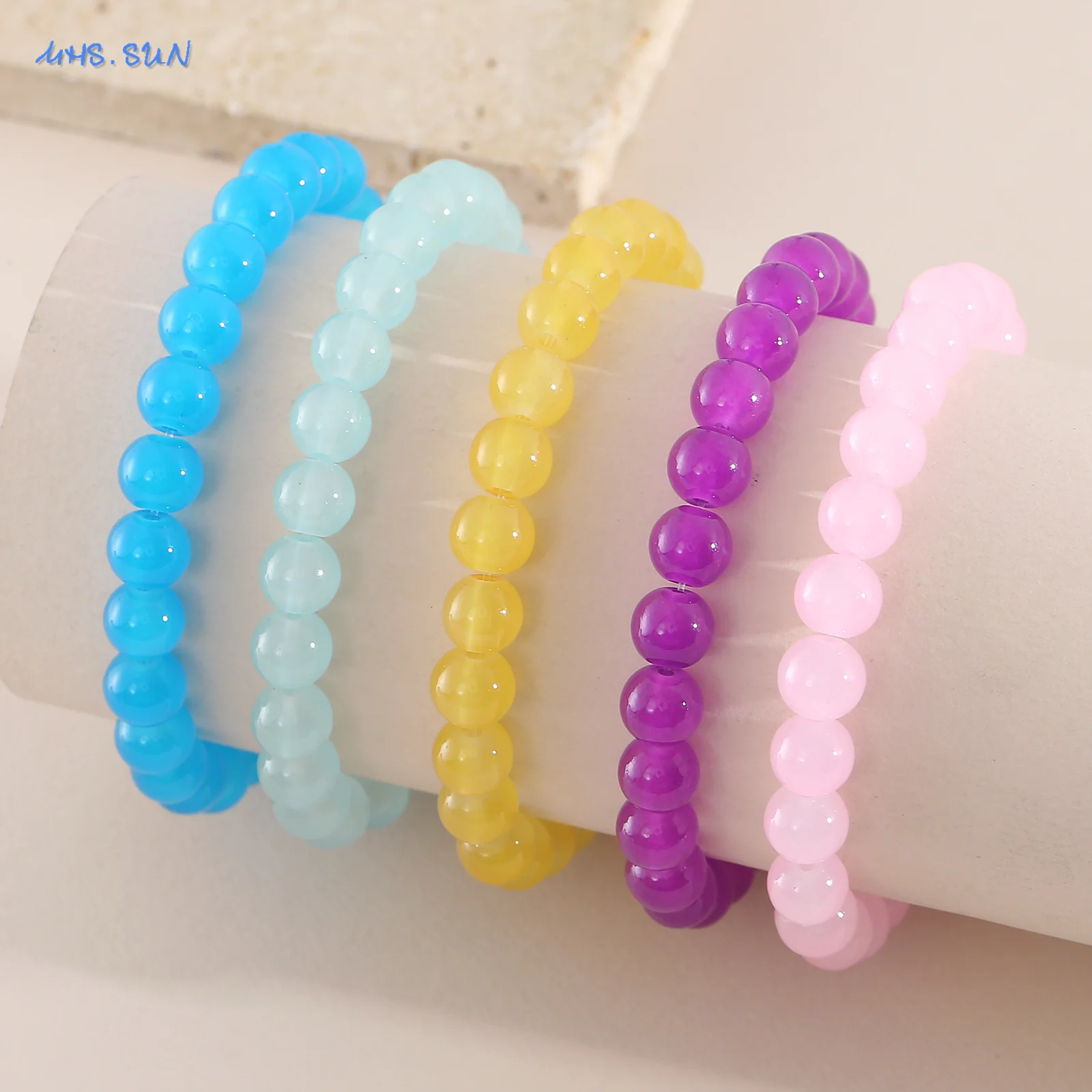 MHS.SUN Multicolour 8MM Glass Round Beaded Bracelets Classic Elastic Beads Bracelet Yoga Healing Jewelry For Women Girls