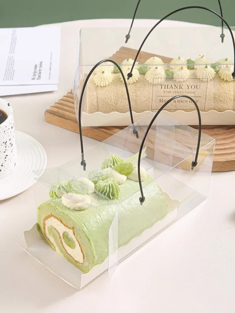 10Set Clear Cake Roll Pack Box Long Strip Hugging Roll Whole  Half Roll Handheld Boxes Rectangle Baking Cake Portable Gift Box