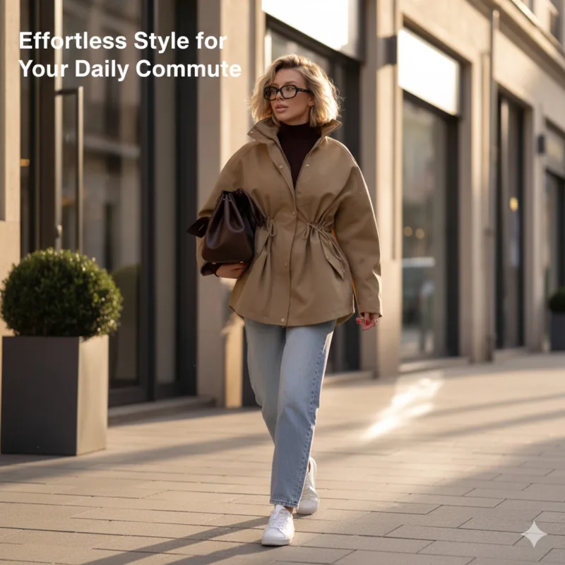 

Модный женский плащ с воротником-стойкой, регулируемая талия, свободный силуэт, верхняя одежда с длинными рукавами для осени, повседневный уличный стиль