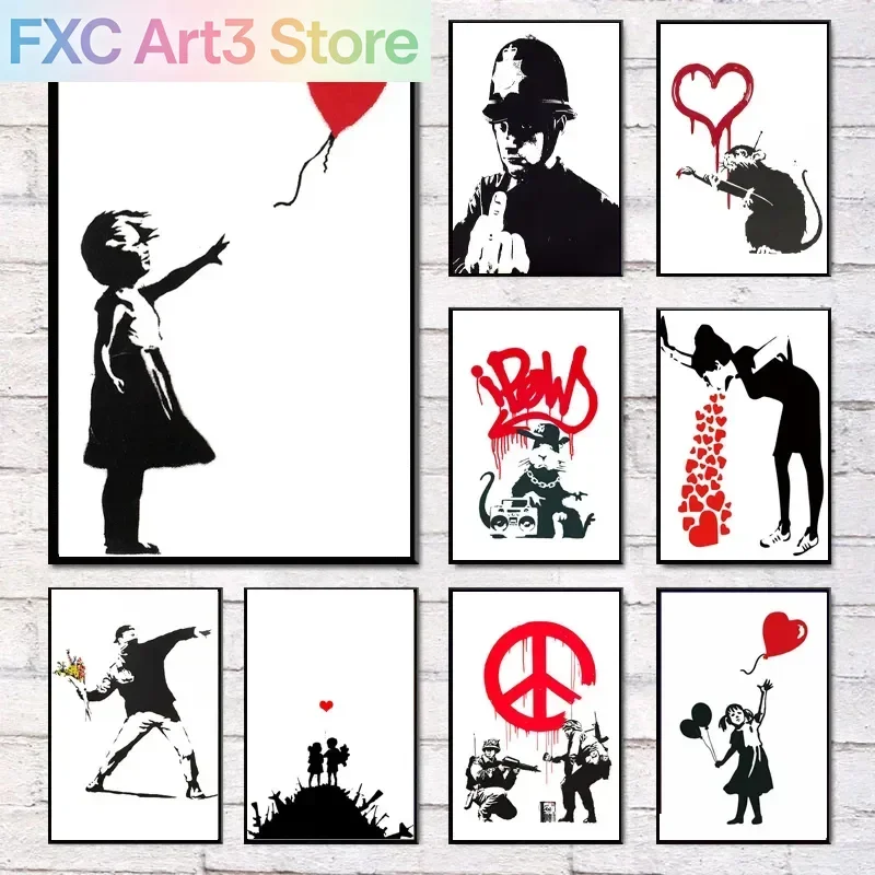 Rahmenlose Banksy-Kunst mit Mädchen und rotem Ballon, nordische Charaktere, Leinwandgemälde, Wandbild, Poster, Wohnzimmer, Schlafzimmer, Bar, Heimdekoration