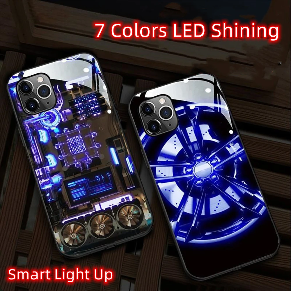 Mechanical PCBA Sound Control LED Flash Case Luminous Glass Cover For iPhone 16 15 14 13 12 11 Pro Max XR XS Plus SE2020